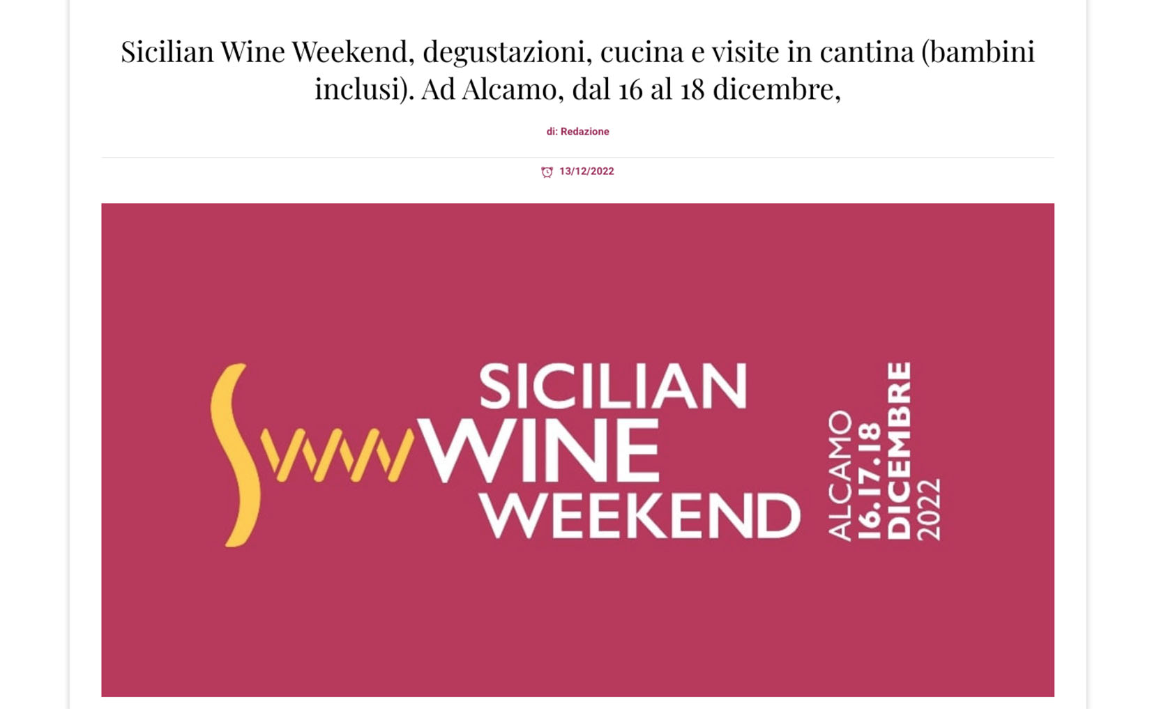 Sicilian Wine Weekend, degustazioni, cucina e visite in cantina (bambini inclusi). Ad Alcamo, dal 16 al 18 dicembre,